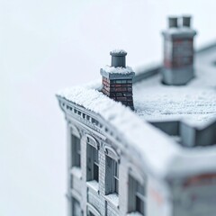 Miniature Building Covered with Snow Detailed Macro Shot Cloudy White Sky