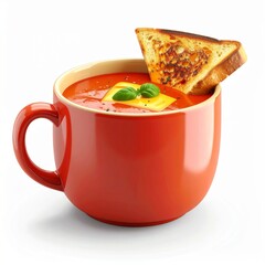 Red Mug with Creamy Tomato Soup Topped with Grilled Cheese and Basil