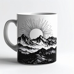 White Ceramic Mug Featuring Black Mountain Range and Sun Illustration