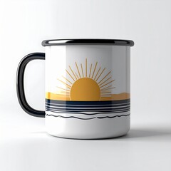White Enamel Mug with Sunrise Graphic Against a Neutral Backdrop