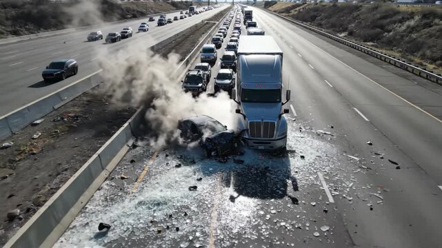 Aerial drone view of blue car crashing into silver truck on highway. Smoke rising from collision with debris and broken glass scattered. Traffic accident scene for road safety awareness.