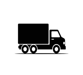 Simple black silhouette of a box truck with visible wheels and cabin design