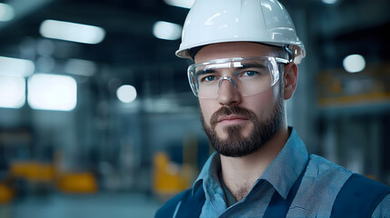 Bearded Construction Worker Wearing Safety Glasses and Hard Hat. Close-up of a male worker in safety glasses and hard hat at work