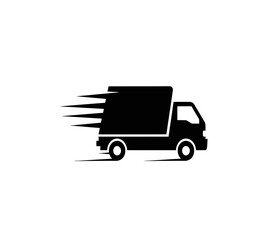 A sleek black delivery truck icon depicted in motion with speed lines suggests swift transport