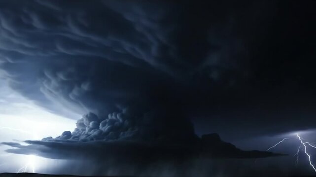 Powerful thunderstorm with dramatic dark clouds and lightning strikes