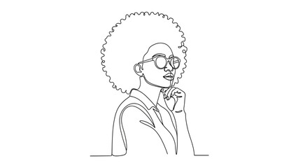 A single line drawing of a stylish woman with curly hair and sunglasses looks to the side with her hand under her