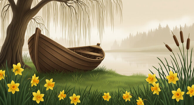 Old wooden rowboat on riverbank with weeping willow and daffodils 3D relief wallpaper for mural wall art, canvas print, wall decor painting design