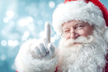 Close-up of Santa Claus with his index finger up and one eye squinting, wearing glasses, with space for text. Advertisement for discounted products.