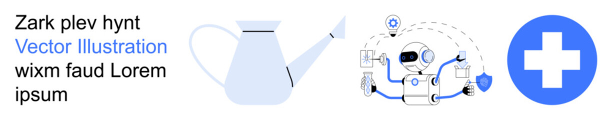 Obraz premium Gardening, artificial intelligence, healthcare, technology, automation, and wellbeing. Watering can, robot interacting with tasks and a medical cross. Gardening and artificial intelligence visuals