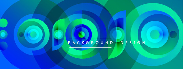 Abstract circles overlap, creating vibrant blue, green gradients. Text reads background design centered within composition.