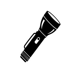 A simple black and white illustration of a modern flashlight angled for visibility