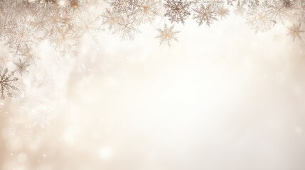 White background with beige snowflakes and bokeh lights, a high-quality digital illustration with soft focus that creates an elegant festive Christmas or New Year winter atmosphere.