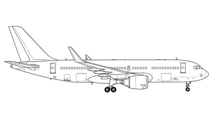 Line Art Illustration of Airplane on White Background Showing Detailed Exterior