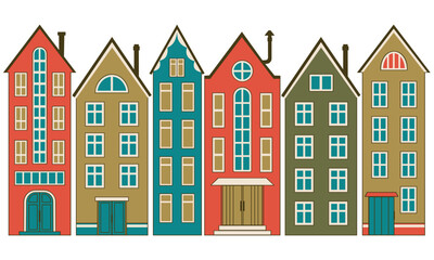 Cartoon city house facades set with tall narrow buildings, vector illustration