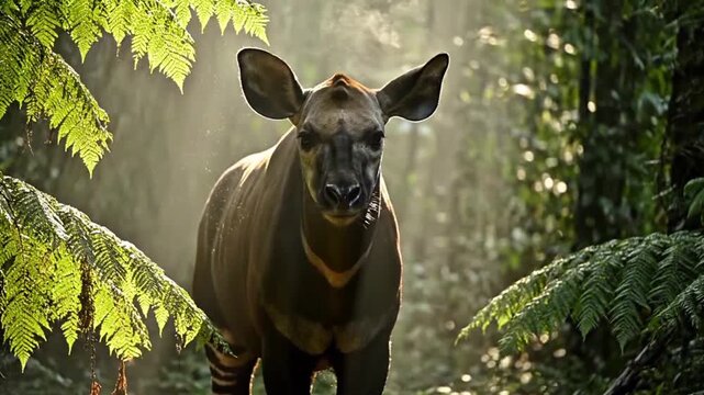Elusive Okapi in Mystic Rainforest, Rare African Wildlife Conservation