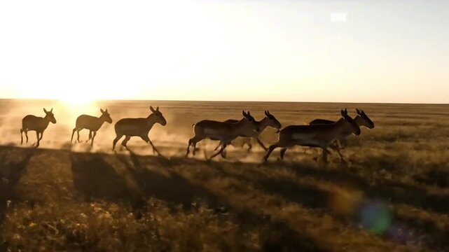 Endangered Saiga Antelope Herd Running, Cinematic Steppe Migration