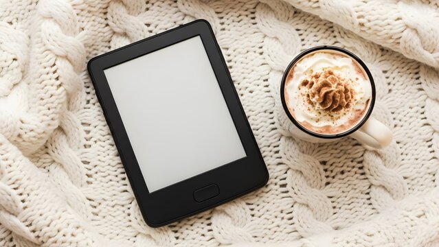 A Black E-Reader Device Resting on Knitted Blanket with Coffee