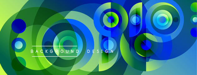 Abstract circles overlap, creating vibrant green, blue gradients. Text reads background design. Modern visual element.