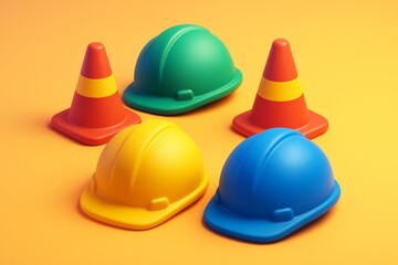 Fototapeta premium Colorful safety helmets and traffic cones on orange background symbolizing construction safety and teamwork concept in bright light style. Ai generative