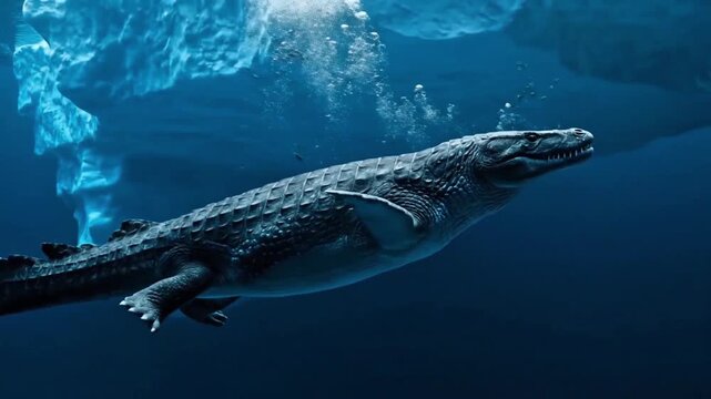 Mosasaurus Dinosaur Swimming Under Iceberg, Prehistoric Arctic Ocean