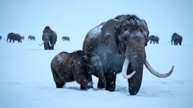 Woolly Mammoth Family Walking in Snowstorm, Ice Age Survival