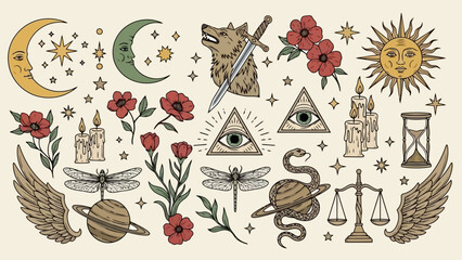 Mystical Celestial Symbols and Elements Collection, Esoteric and Spiritual Graphics