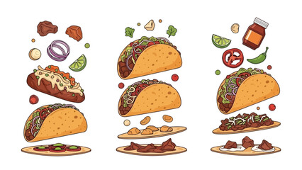 Deconstructed Tacos with Ingredients Floating, Delicious Mexican Food Illustration