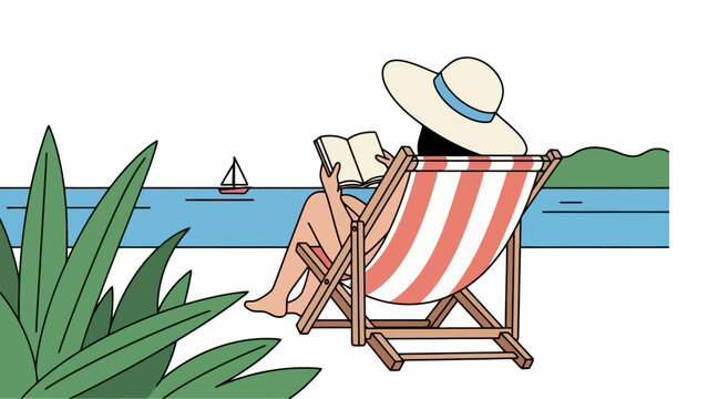 Woman Relaxing in Deckchair by the Sea Reading a Book Under a Wide Hat