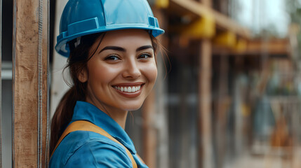 Female Construction Worker Smiling with Hard Hat on Job Site. Happy female worker in a blue shirt and helmet on construction site