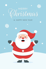 Santa Claus with Merry Christmas and Happy New Year text. Holiday greeting card on blue background