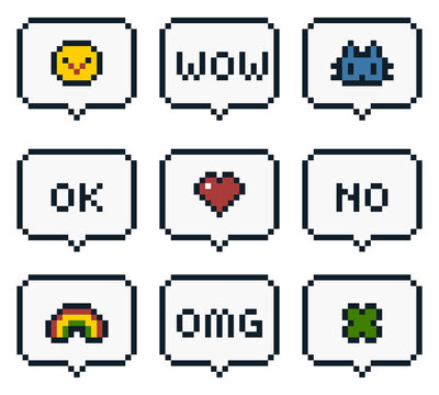 8-bit pixel art simple speech bubble and icon set