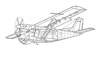 Obraz premium Outlined Illustration of Vintage Aircraft with Propeller and Detailed Wing Structure