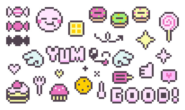 8-bit pixel art sweet dessert aesthetic pink icon and text decoration set