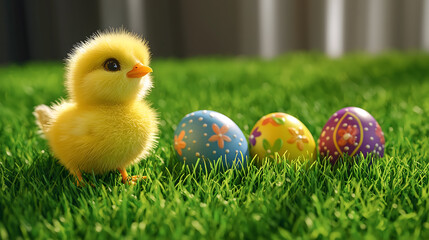 Little Yellow Chick with Colorful Easter Eggs on Green Grass. A fluffy yellow chick surrounded by colorful Easter eggs on green grass