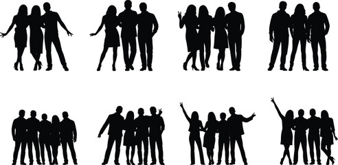 Vector set of diverse happy group silhouettes, young men and women standing together, posing, cheering, and celebrating, perfect for party, social event, and friendship graphics isolated. © ASH Labs