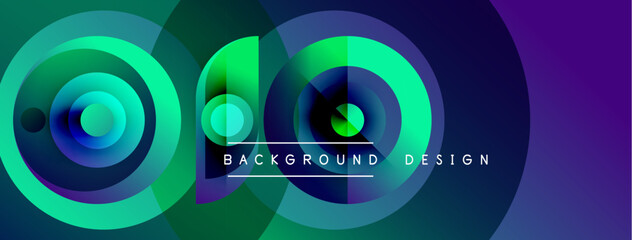 Abstract vibrant circles overlap creating dynamic visual effect. Gradient colors blend, forming modern background design.