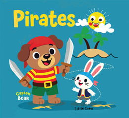 Cute Cartoon Bear Pirate and Bunny Rabbit Adventure on Tropical Island