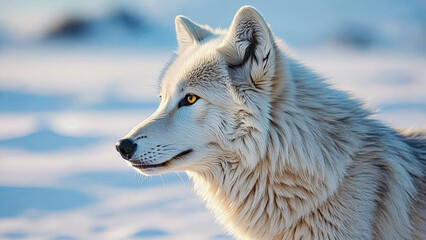 Obraz premium Arctic wolf portrait in snowy tundra, focused and alert with piercing yellow eyes, fur tinted Cloud Dancer trend color. Color of the Year 2026. Cloud Dancer