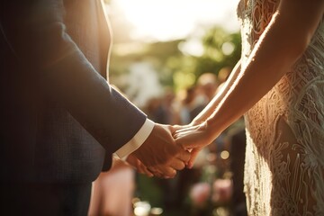 Wedding couple holding hands outdoors, showing commitment and unity during marriage ceremony, celebrating love and partnership in warm sunlight