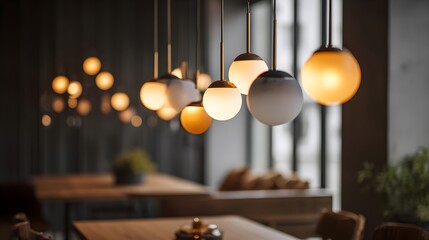 Modern restaurant interior showcasing elegant pendant lights creating a warm. Inviting atmosphere with blurred tables and soft bokeh