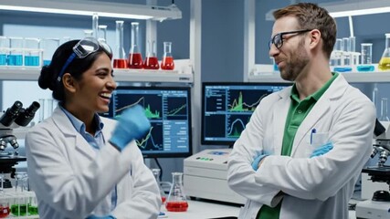 Two scientists in a lab face each other surrounded by lab equipment - Powered by Adobe