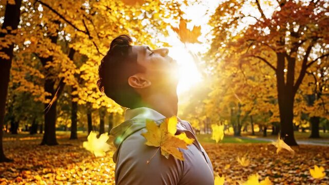 Man in autumn forest gazing upward at sunlight filtering through yellow leaves. Asian guy in hoodie surrounded by falling foliage in serene woods. 360 degree orbit shot capturing fall nature