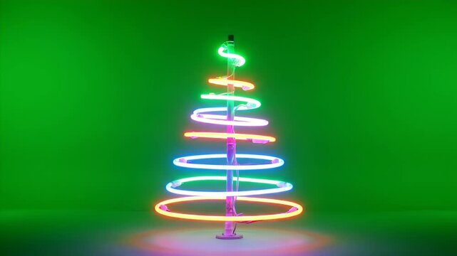 Neon Christmas Tree on Green - This vibrant video showcases a modern Christmas tree crafted from neon lights, spiraling upwards in a conical shape.