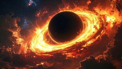 Fiery energy swirls around a dark celestial body in the cosmos, set against a deep space backdrop of stars