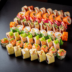 A stunning display of various sushi rolls showcases vibrant colors and flavors, perfect for sharing