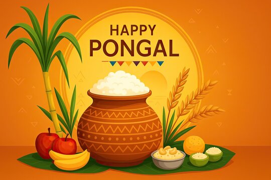 Happy Pongal harvest festival illustration with traditional clay pot, sugarcane, fruits, rice and warm festive background