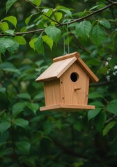 Rustic wooden birdhouse hanging among lush green leaves in a peaceful natural environment, providing shelter for small flying creatures, small, home, structure