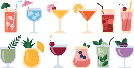 Assortment of Colorful Summer Cocktails and Drinks Flat Illustration Keywords: cocktail, drink