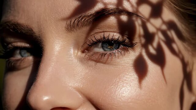 Extreme closeup on womans eye with leaf shadows. Closed lashes and skin in natural sunlight pattern. Beauty and nature fusion in serene portrait.