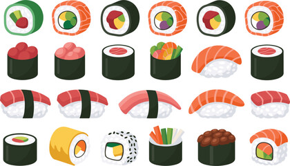 Assortment of Sushi Rolls and Nigiri in Flat Design Style maki sashimi